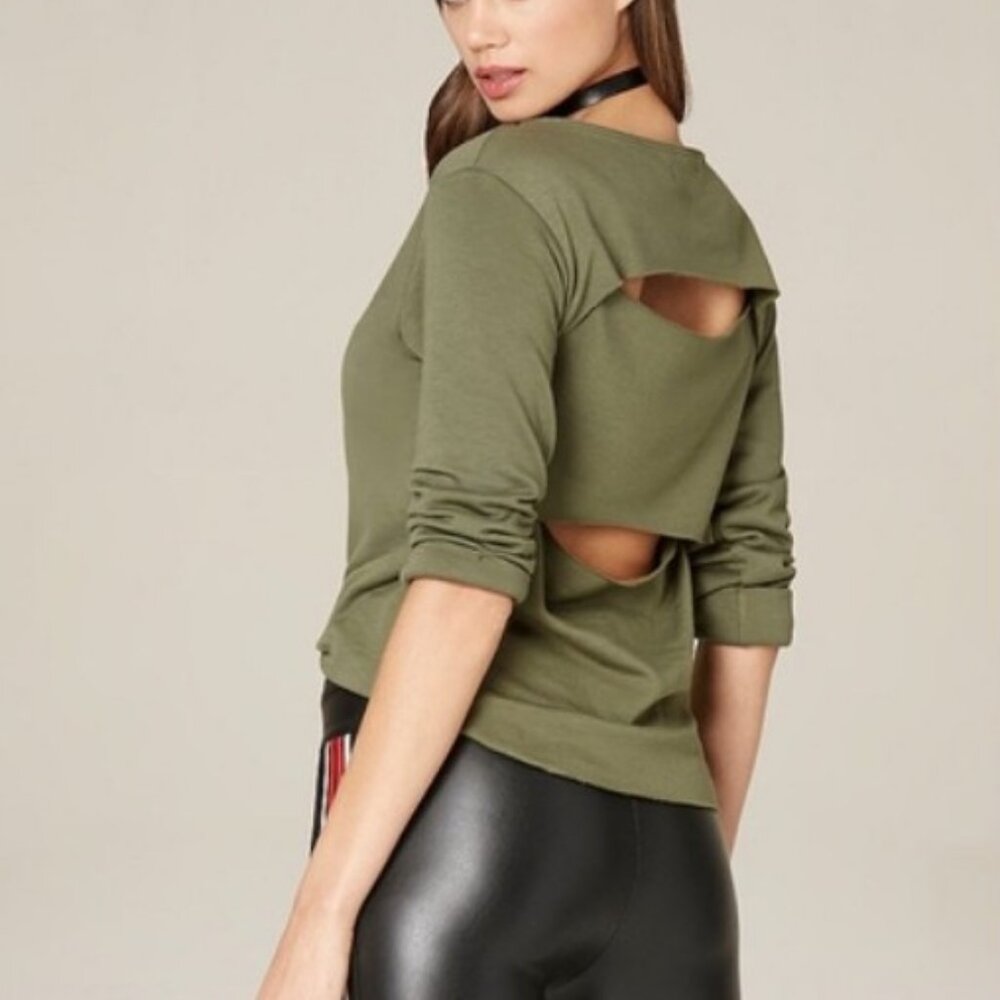 NWT Bebe Army Green Open Back 3/4 Sleeve Sweatshirt Size S #1205